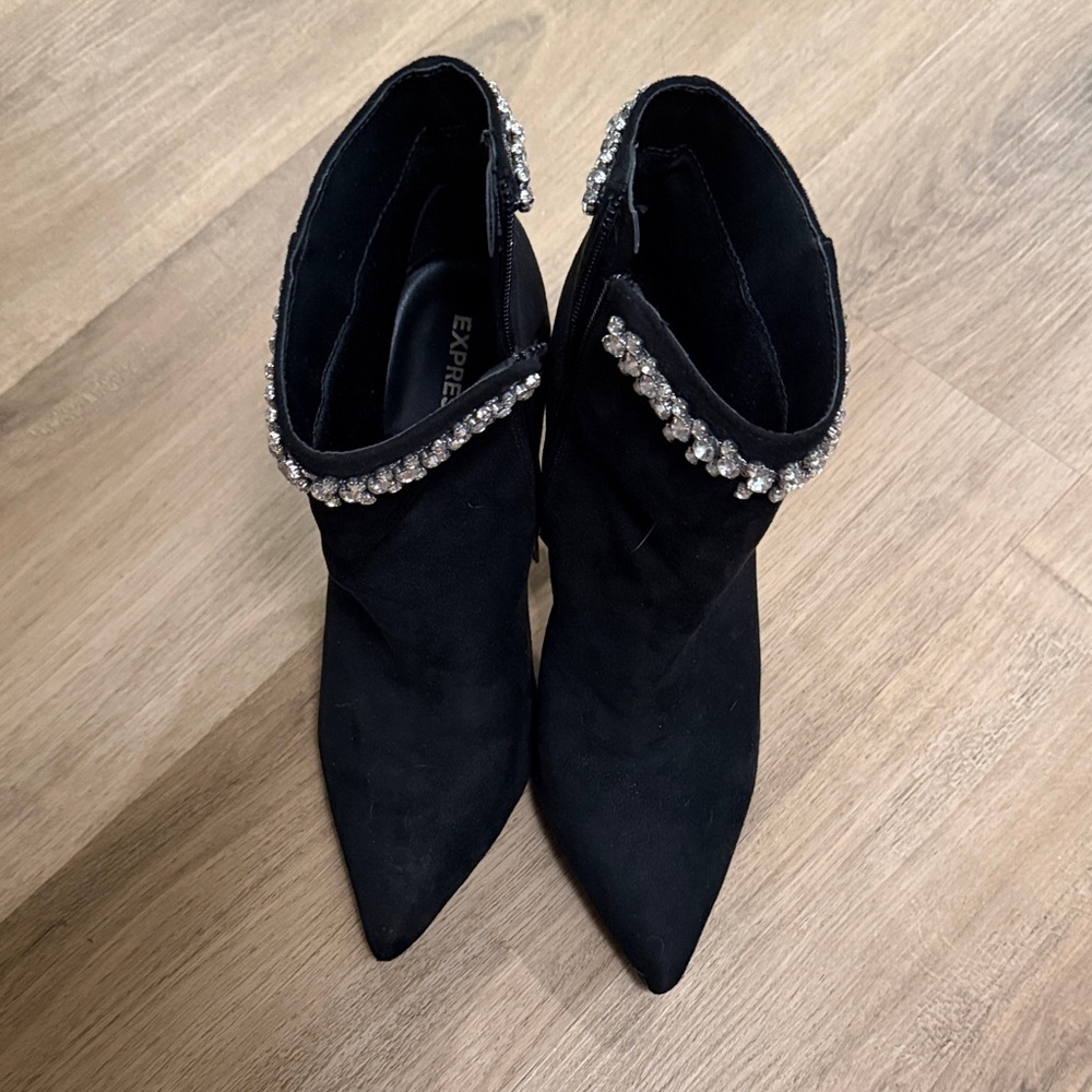 Express Black Pointed Toe Ankle Booties with Crystal Trim